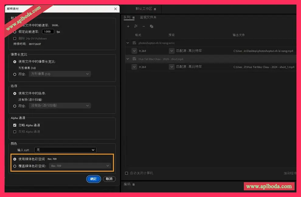 Adobe Media Encoder 会在“解释素材”对话框中自动检测并设置 iPhone ProRes Log 视频的色彩空间。